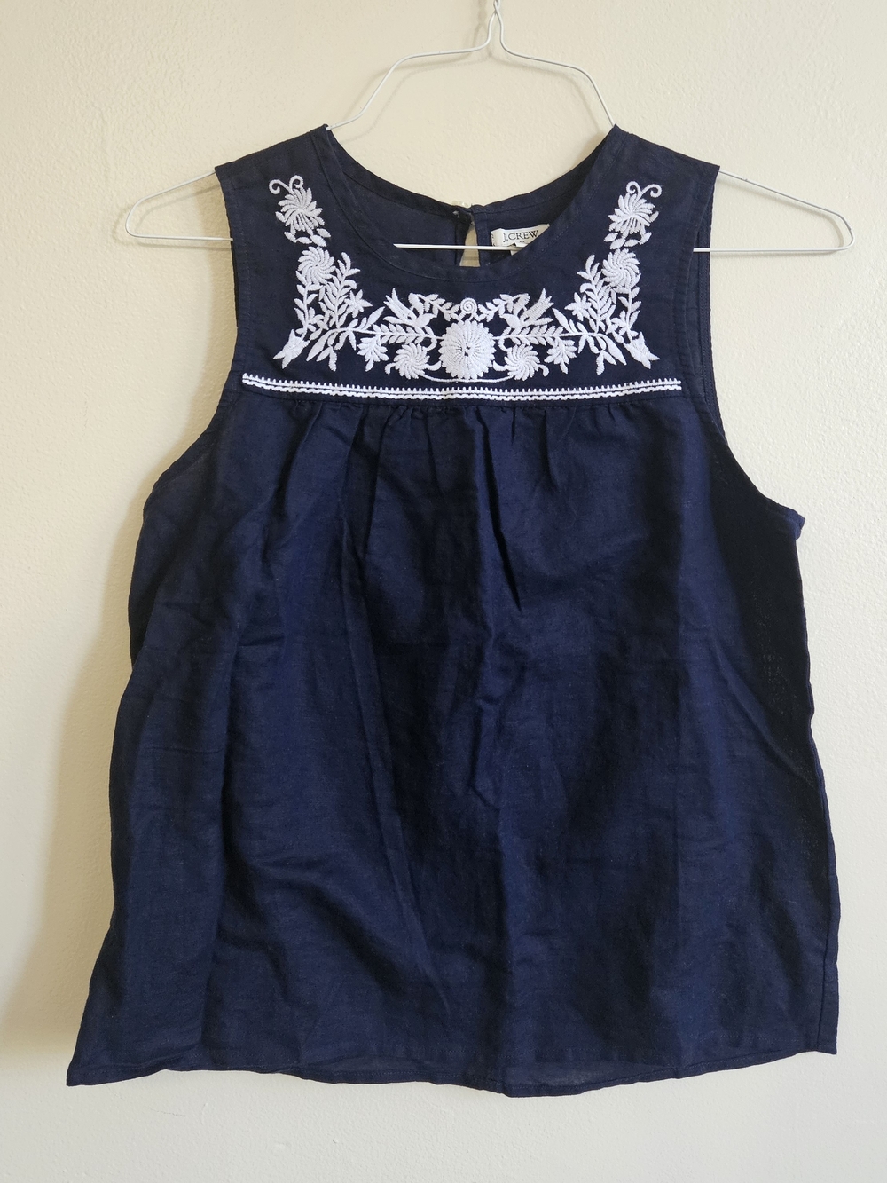 J. Crew Linen Cotton Navy Sleeveless Top with White Floral Embroidery